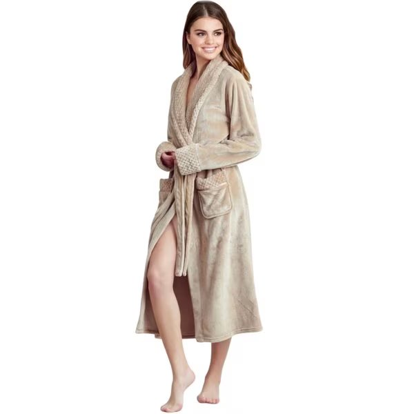 Women Plush Shawl Collar Robe, Fleece Bathrobe, Beige XXL/One Size, Towelsoft, Mfr#: PLH-RB-bei-XL